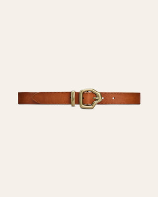 A brown leather belt with a gold buckle on a beige background