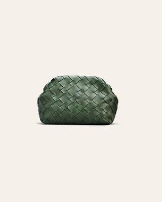 Cala Jade Green woven leather clutch on a light beige background