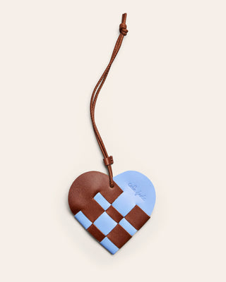 Cala Jade blue and brown leather bag charm shaped as a heart