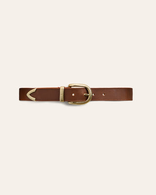 Cala Jade Brown leather belt with gold buckle on a light beige background