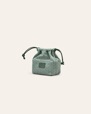 Cala Jade Small drawstring cotton pouch with geometric pattern on a light gray background