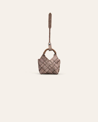 Small woven handbag on a white background