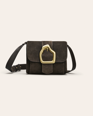 Brown leather bag with gold buckle on a light beige background