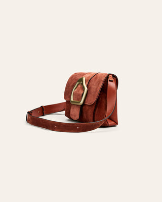 Rusty red leather bag with a gold buckle on a light beige background