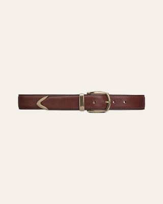 A dark brown leather belt with a gold-tone metal buckle and a matching gold-tip, displayed horizontally on a light cream background.