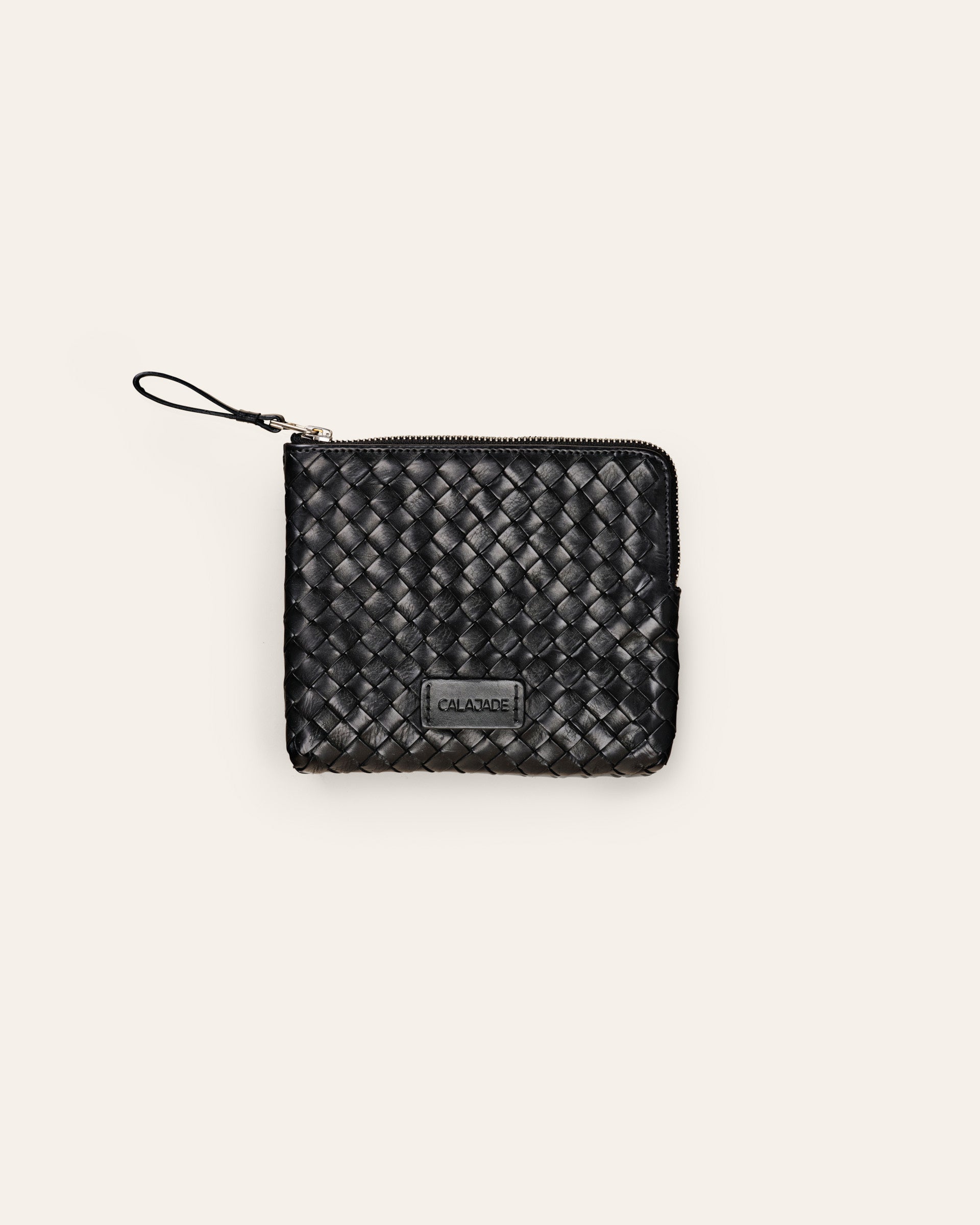 Cala Jade small black leather pouch in dama weave 1