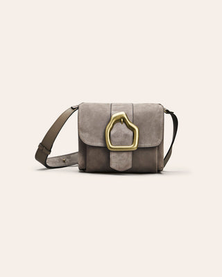 Caka Jade Gray suede handbag with a gold buckle on a light gray background