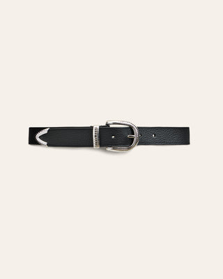 Cala Jade Crubel black belt with silver buckle on a light gray background