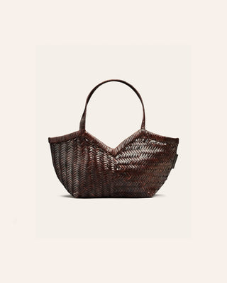 Cala Jade small brown woven shoulder bag on a beige background
