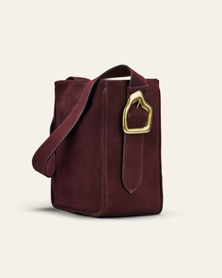 Burgundy handbag with a gold buckle on a beige background