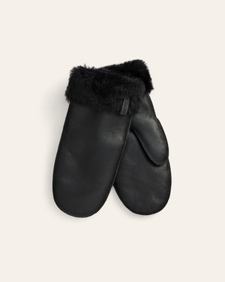 Pair of black leather mittens with fur trim on a light gray background