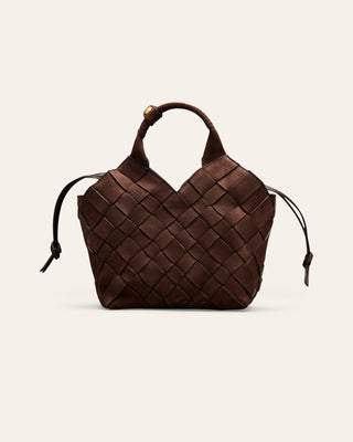 A brown woven nubuck shoulder bag on a beige background